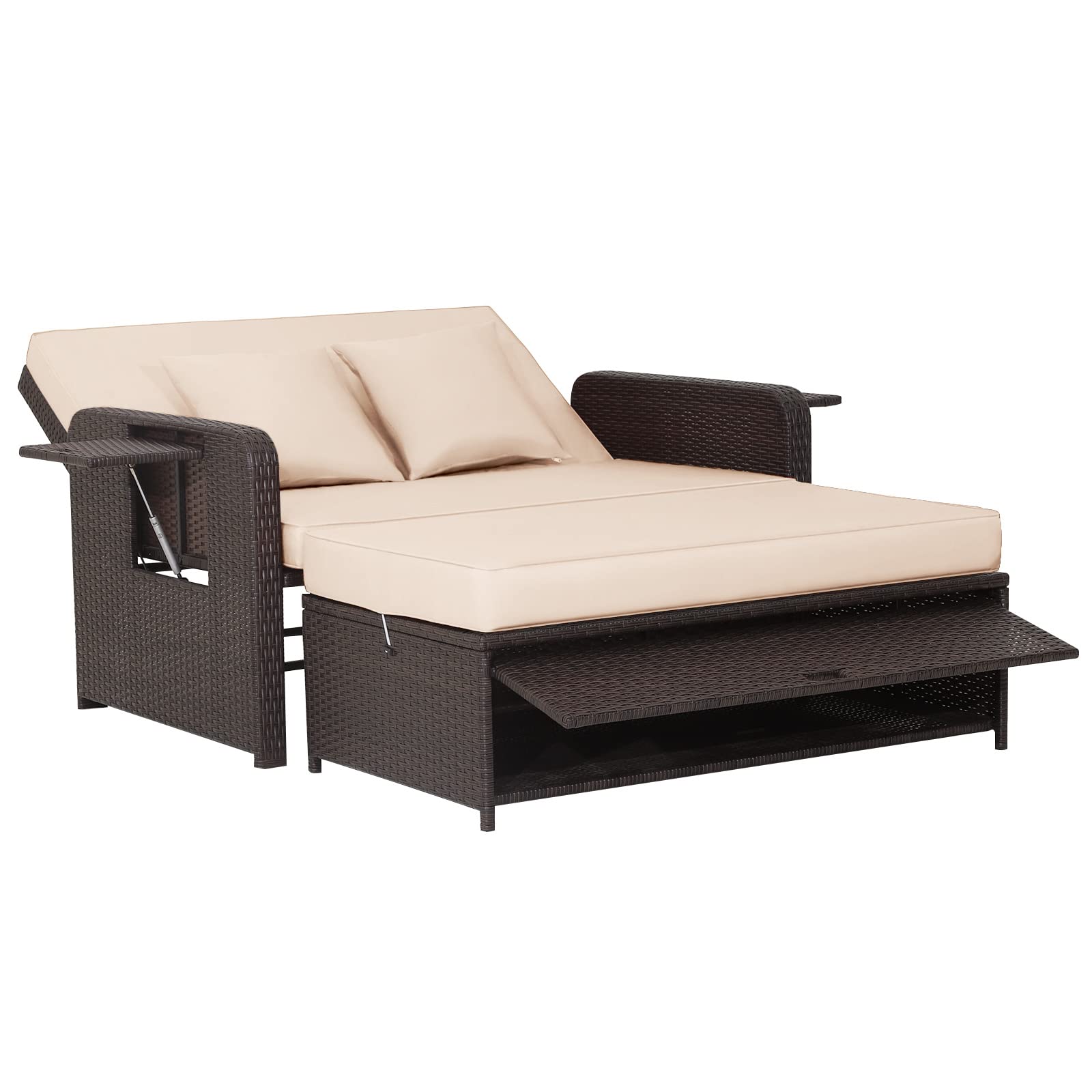 Tangkula Patio Rattan Daybed, Patiojoy Wicker Loveseat Sofa with 4-Postion Adjustable Backrest, Storage Ottoman, Cushions