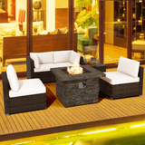 Tangkula 6 Pieces Patio Rattan Sofa Set, Patiojoy Outdoor Wicker Set w/ 34.5" Faux Stone Fire Pit Table