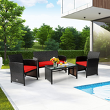 Tangkula 4 Pieces Rattan Furniture Set, Outdoor Conversation Set w/Chair & Loveseat & Tempered Glass Coffee Table
