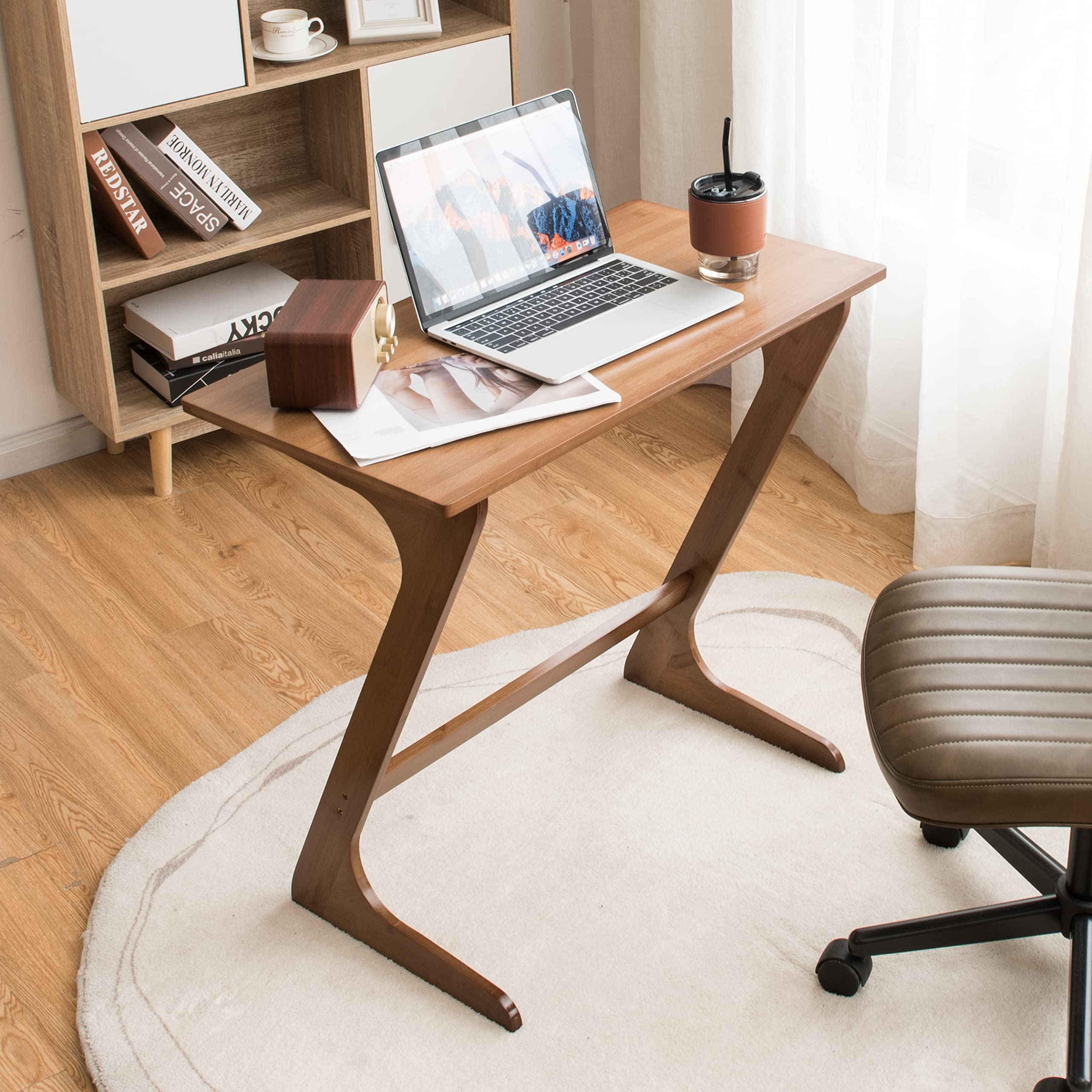 Bamboo TV Tray Sofa Side Table, Z-Shaped Couch Table with 29.5'' x 16'' Tabletop