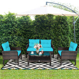 4 Piece Patio Furniture Set, Outdoor Wicker Conversation Set with Glass Top Coffee Table