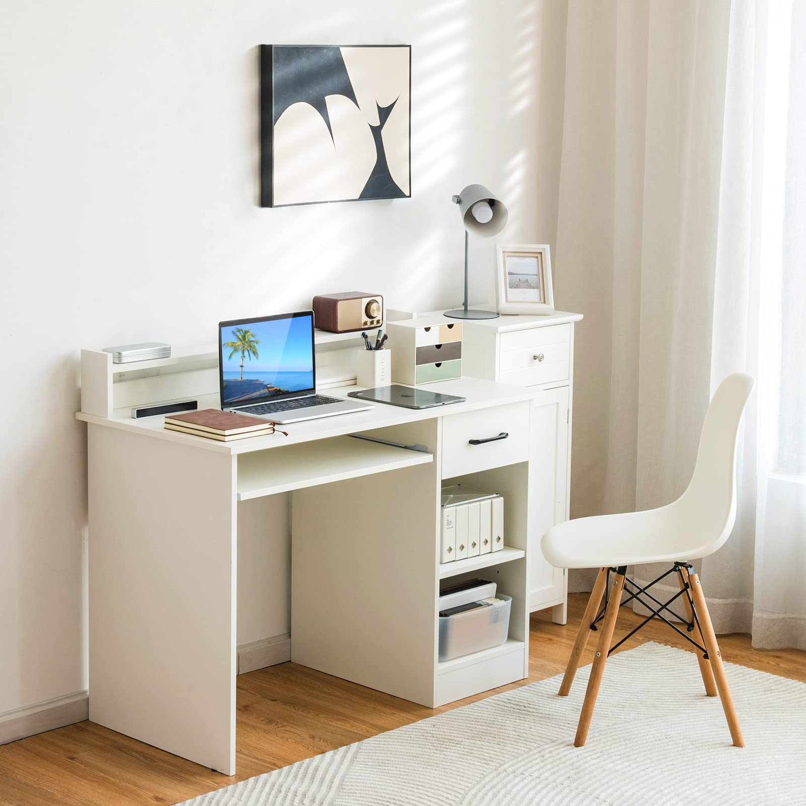  Tangkula White Desk with Storage Drawer & Shelves, Compact Desk  for Small Space, Modern Wooden Study Desk Writing Desk with Storage Drawer  & Compartments, PC Laptop Desk Small Desk for Bedroom 