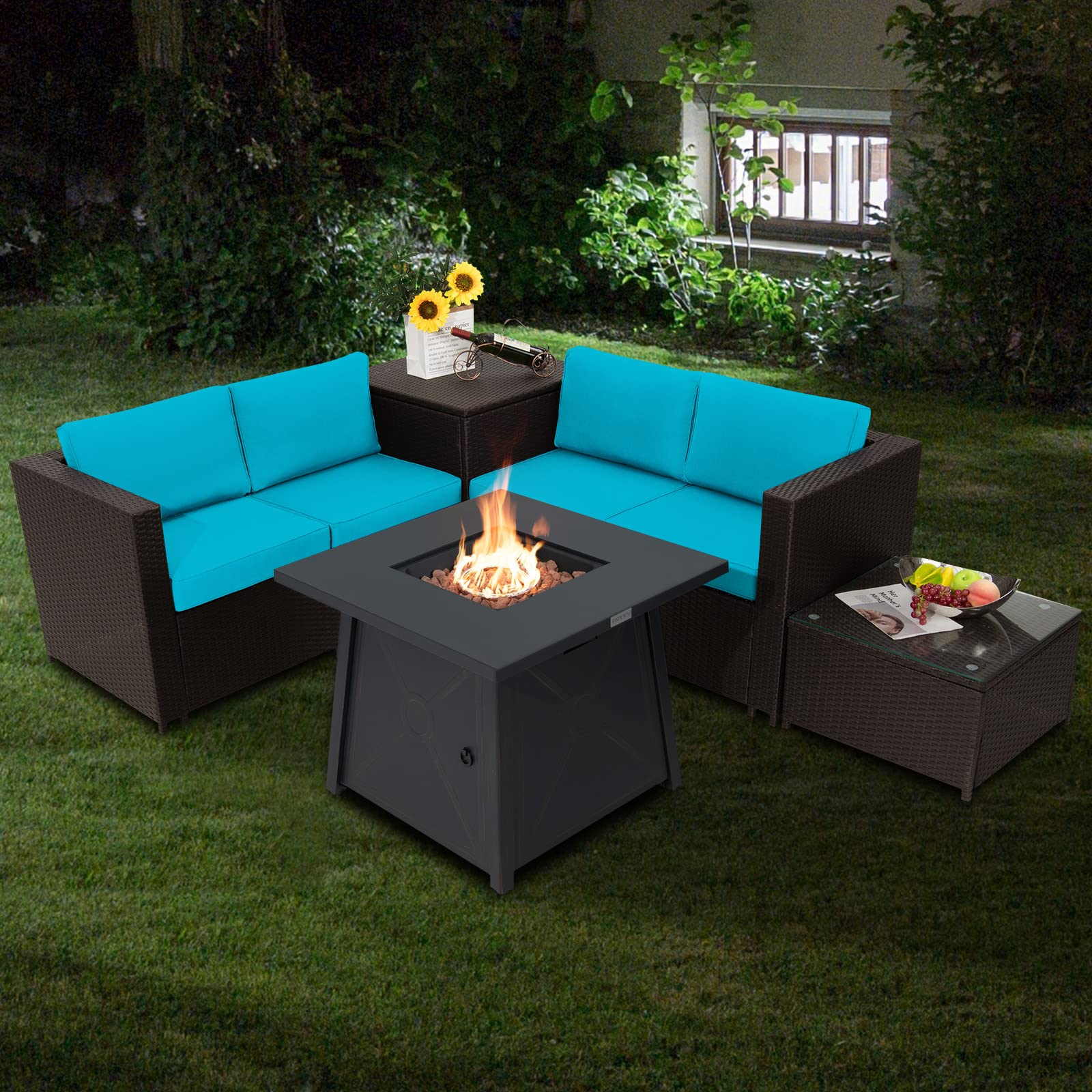 Tangkula 5 Piece Patio Furniture Set with 50,000 BTU Propane Fire Pit Table, Outdoor Wicker Conversation Set