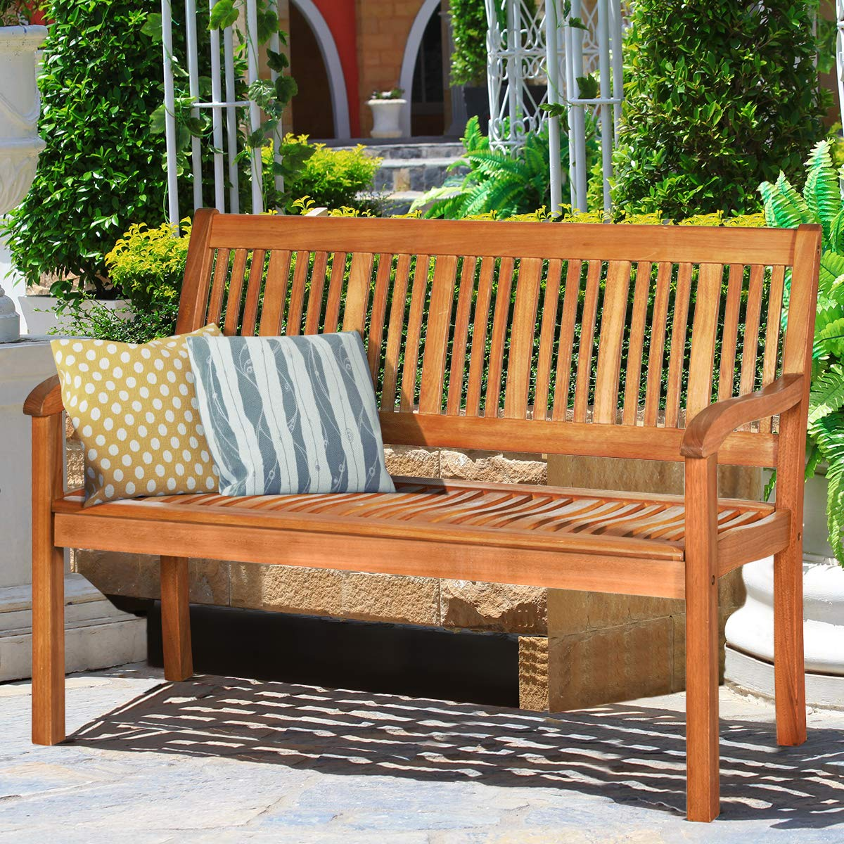 Tangkula Outdoor Wood Bench, Two Person Solid Wood Garden Bench w/Curved Backrest and Wide Armrest