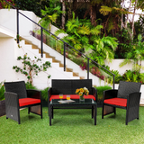 Tangkula 4 Pieces Rattan Furniture Set, Outdoor Conversation Set w/Chair & Loveseat & Tempered Glass Coffee Table
