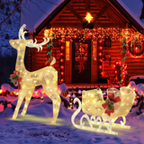 Tangkula 4.7 FT Lighted Christmas Reindeer & Sleigh, Xmas Lighted Outdoor Decoration with 100 Warm Lights
