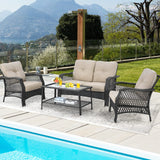 4 Pieces Outdoor Patio Furniture Set, Patiojoy PE Wicker Conversation Sofa Set with Tempered Glass Coffee Table