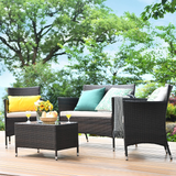 Tangkula 4-PCS Patio Rattan Conversation Set, Outdoor Wicker Furniture Set with Tempered Glass Coffee Table &Thick Cushion