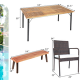 Tangkula 6 Pieces Patio Dining Set, Outdoor Acacia Wood and Wicker Furniture Set w/2.16" Hole