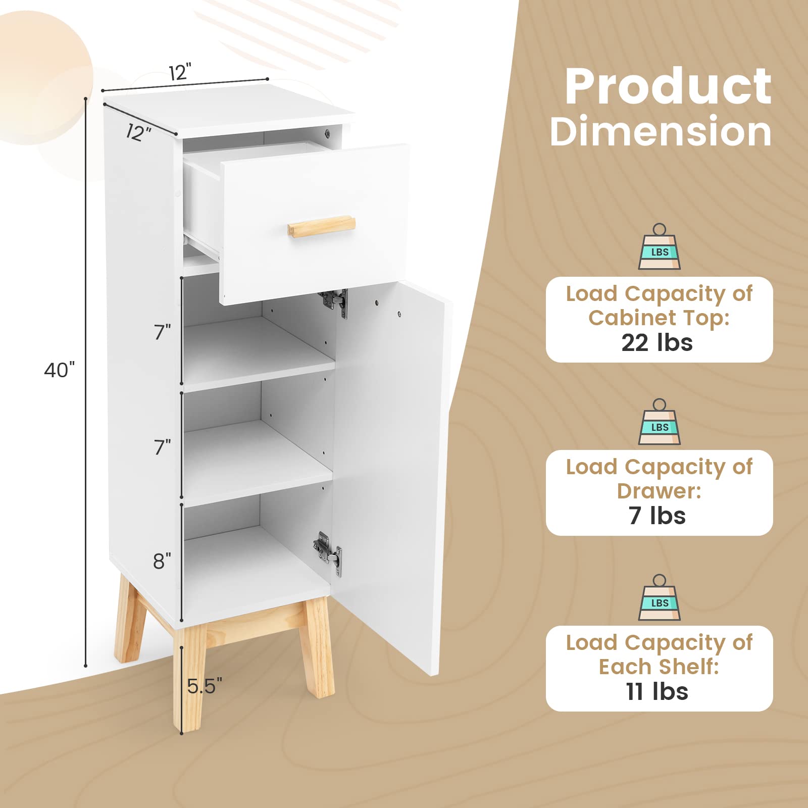 Tangkula Narrow Bathroom Storage Cabinet Freestanding Side Storage  Organizer with Adjustable Shelves Drawer and Pine Wood Legs Black