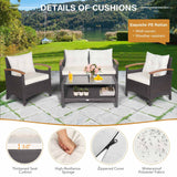 4 Piece Patio Rattan Conversation Set, Outdoor Wicker Sofa Set W/2-Layer Coffee Table
