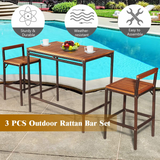 Tangkula 3 PCS Patio Bar Table Set, Outdoor Rattan Bar Set Bistro Set with Acacia Wood Top