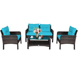 4 Piece Patio Furniture Set, Outdoor Wicker Conversation Set with Glass Top Coffee Table
