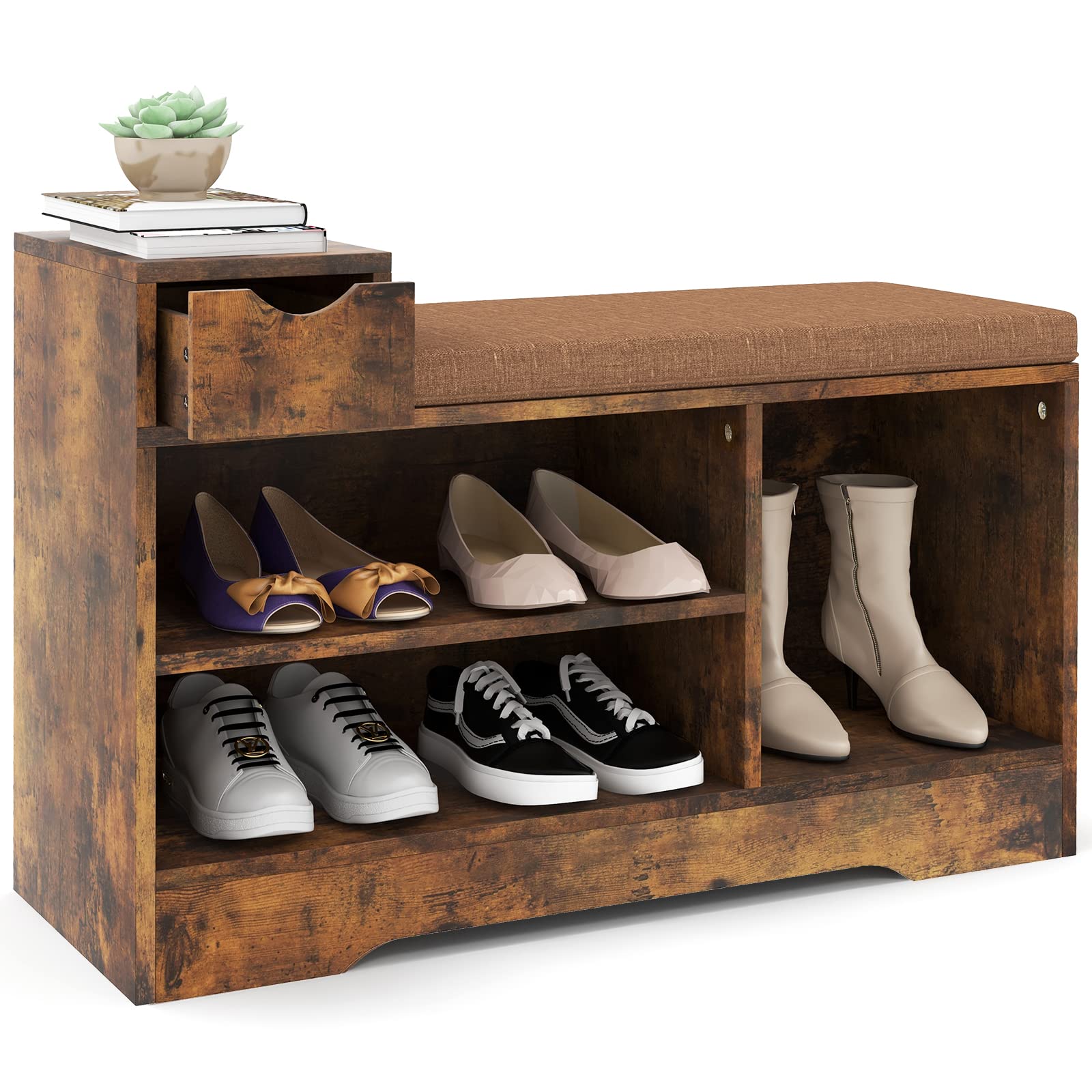 PATIOJOY Shoe Rack Bench, 3-Tier Shoe Organizer, Storage Shelf & Seat