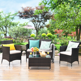 Tangkula 4-PCS Patio Rattan Conversation Set, Outdoor Wicker Furniture Set with Tempered Glass Coffee Table &Thick Cushion