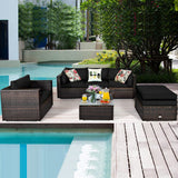 6 Pieces Patio Rattan Sectional Furniture Set, Outdoor Wicker Conversation Set with Glass Coffee Table Sofa Ottoman