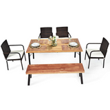 Tangkula 6 Pieces Patio Dining Set, Outdoor Acacia Wood and Wicker Furniture Set w/2.16" Hole
