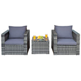 3 Pieces Patio Furniture Set, PE Rattan Wicker Sofa Set w/Washable Cushion and Tempered Glass Tabletop